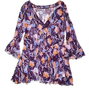 Free People Beach Babe Floral Tunic Dress Mesh Boho V Neck Purple S